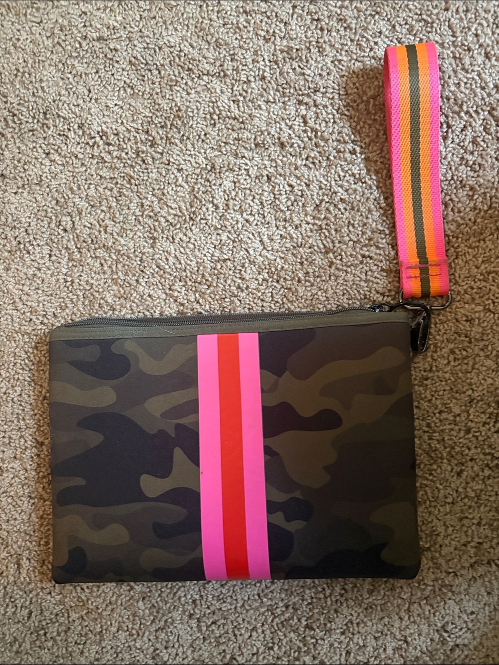 Haute Shore Camo Wristlet Pouch with Pink & Red Contrasting Stripe